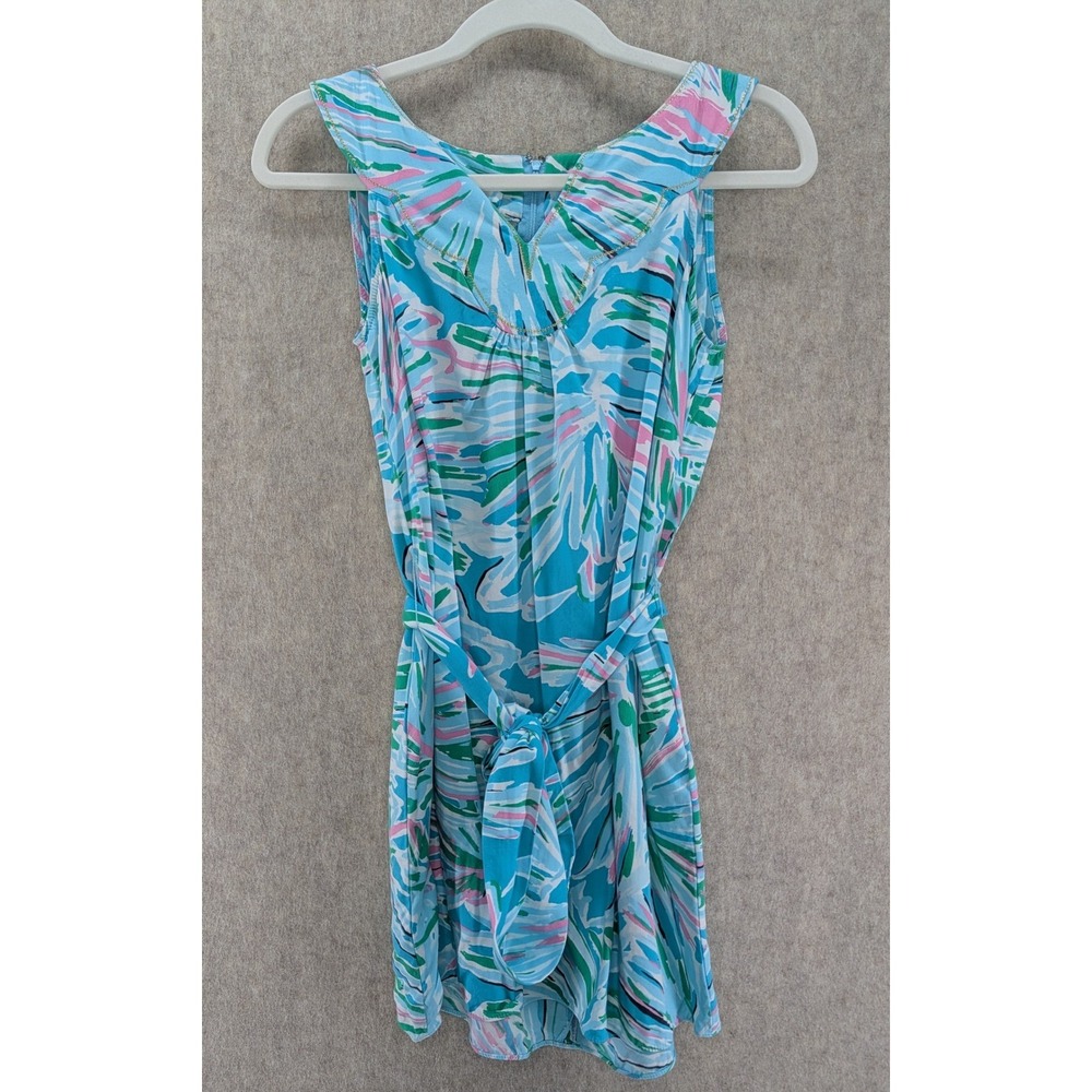 Lilly Pulitzer Giuliana Sleeveless Blue Pink Palm Print V-Neck Dress Size 2